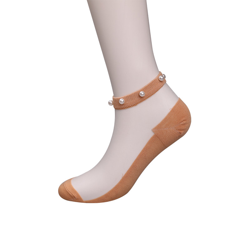 Calcetines de barco de mujer con parte inferior de algodón de seda transparente de nailon a la moda calcetines de barco de seda de cristal con perlas superiores WSD1288