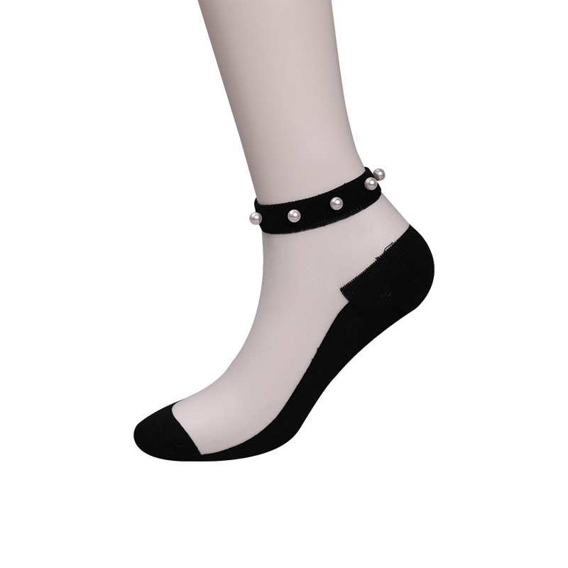 Calcetines de barco de mujer con parte inferior de algodón de seda transparente de nailon a la moda calcetines de barco de seda de cristal con perlas superiores WSD1288