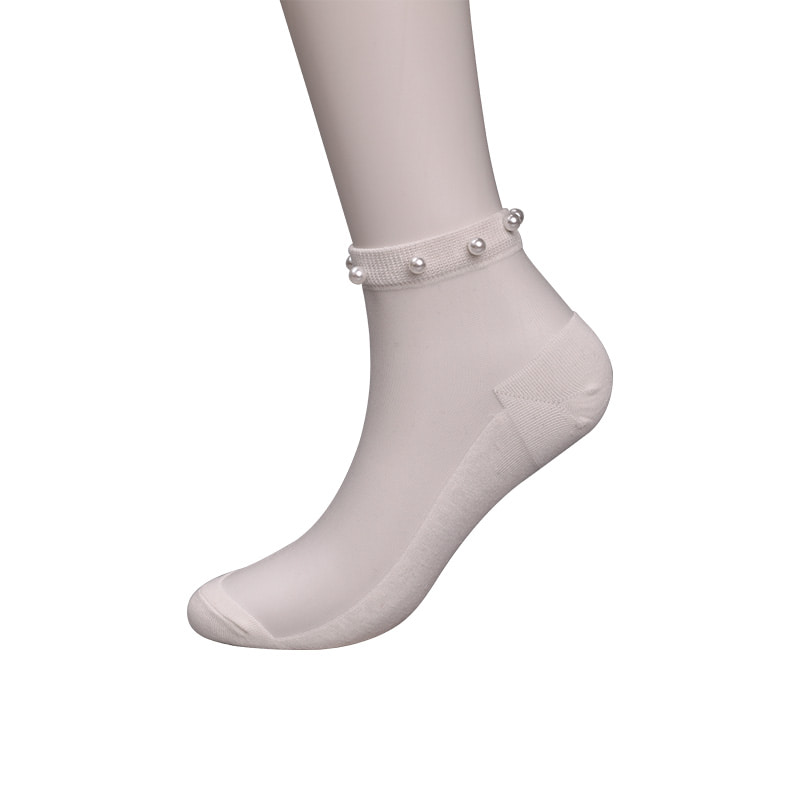Calcetines de barco de mujer con parte inferior de algodón de seda transparente de nailon a la moda calcetines de barco de seda de cristal con perlas superiores WSD1288