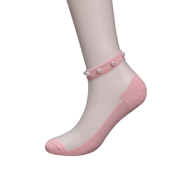 Calcetines de barco de mujer con parte inferior de algodón de seda transparente de nailon a la moda calcetines de barco de seda de cristal con perlas superiores WSD1288