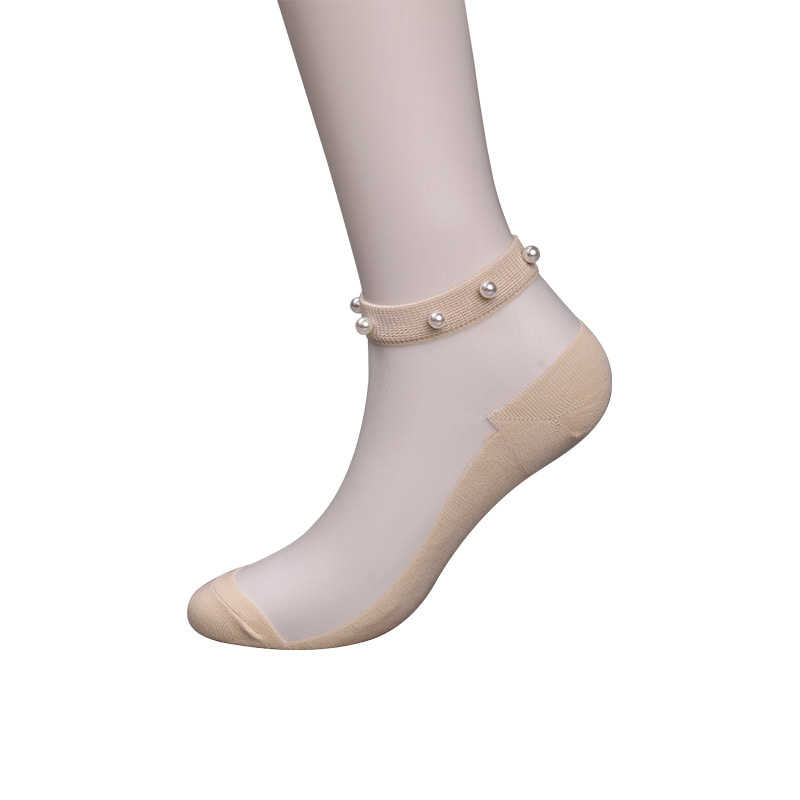 Calcetines de barco de mujer con parte inferior de algodón de seda transparente de nailon a la moda calcetines de barco de seda de cristal con perlas superiores WSD1288