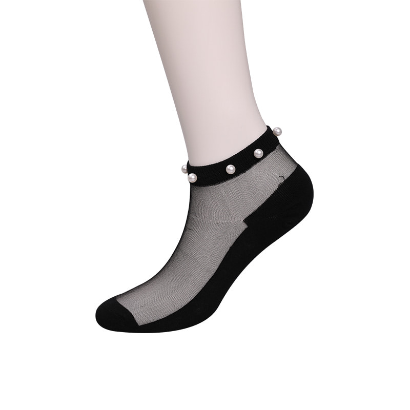 Calcetines de barco de mujer con parte inferior de algodón de seda transparente de nailon a la moda calcetines de barco de seda de cristal con perlas superiores WSD1288