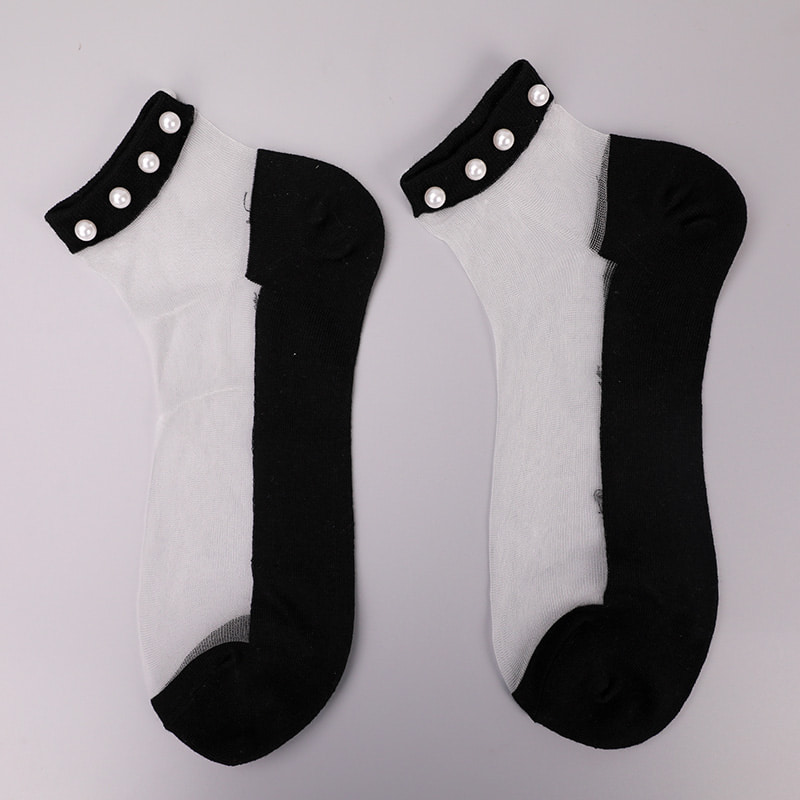 Calcetines de barco de mujer con parte inferior de algodón de seda transparente de nailon a la moda calcetines de barco de seda de cristal con perlas superiores WSD1288