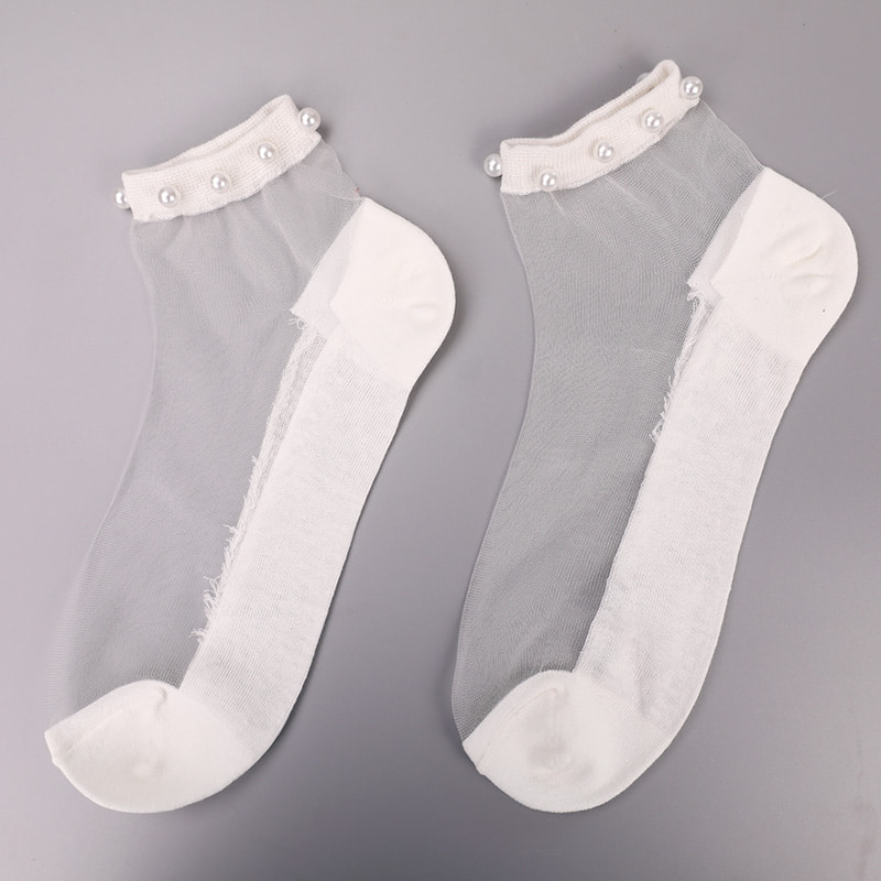 Calcetines de barco de mujer con parte inferior de algodón de seda transparente de nailon a la moda calcetines de barco de seda de cristal con perlas superiores WSD1288