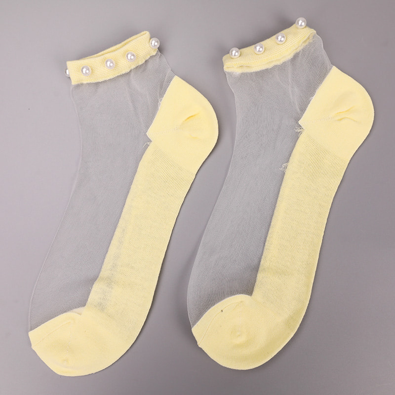 Calcetines de barco de mujer con parte inferior de algodón de seda transparente de nailon a la moda calcetines de barco de seda de cristal con perlas superiores WSD1288