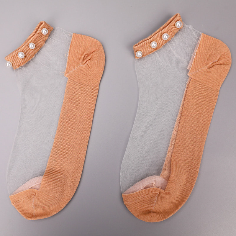 Calcetines de barco de mujer con parte inferior de algodón de seda transparente de nailon a la moda calcetines de barco de seda de cristal con perlas superiores WSD1288