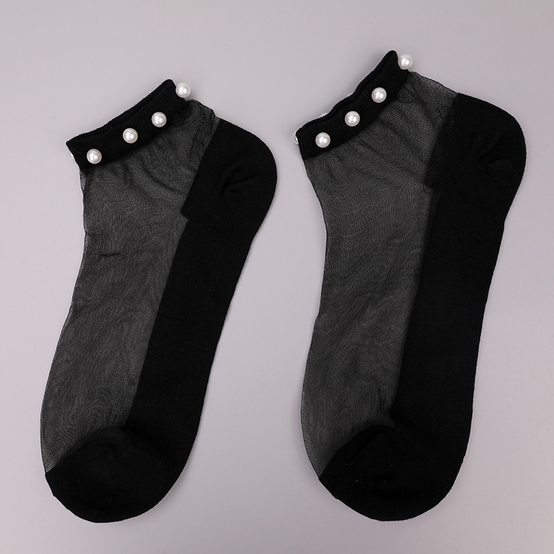 Calcetines de barco de mujer con parte inferior de algodón de seda transparente de nailon a la moda calcetines de barco de seda de cristal con perlas superiores WSD1288
