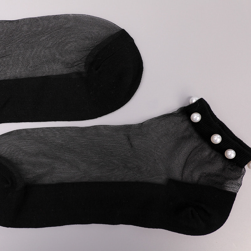 Calcetines de barco de mujer con parte inferior de algodón de seda transparente de nailon a la moda calcetines de barco de seda de cristal con perlas superiores WSD1288