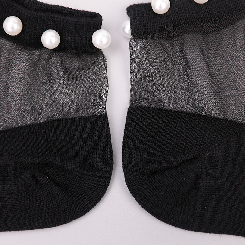 Calcetines de barco de mujer con parte inferior de algodón de seda transparente de nailon a la moda calcetines de barco de seda de cristal con perlas superiores WSD1288
